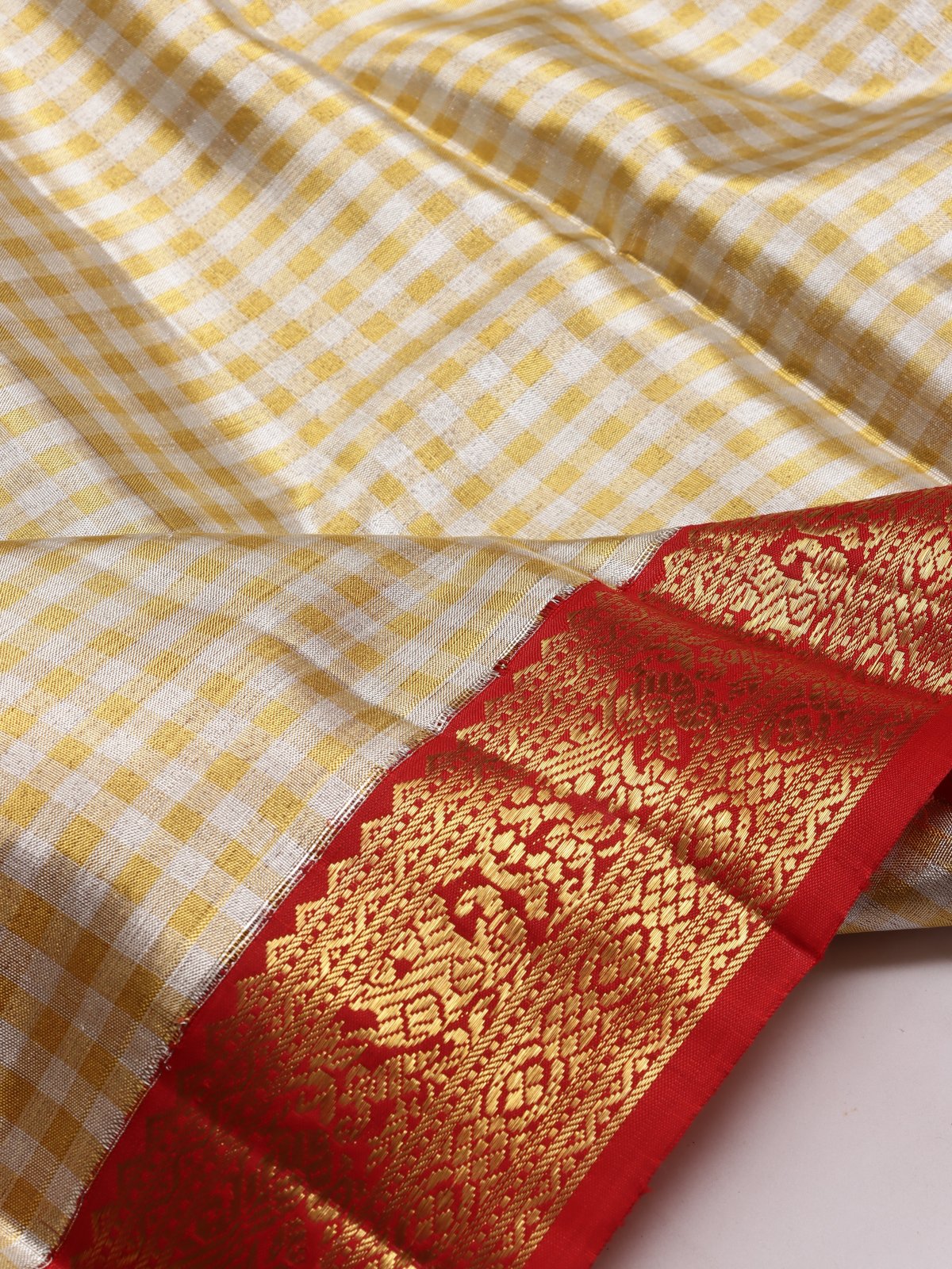 Cream Checks Pure Kanchi Silk Saree 4G (Swara)