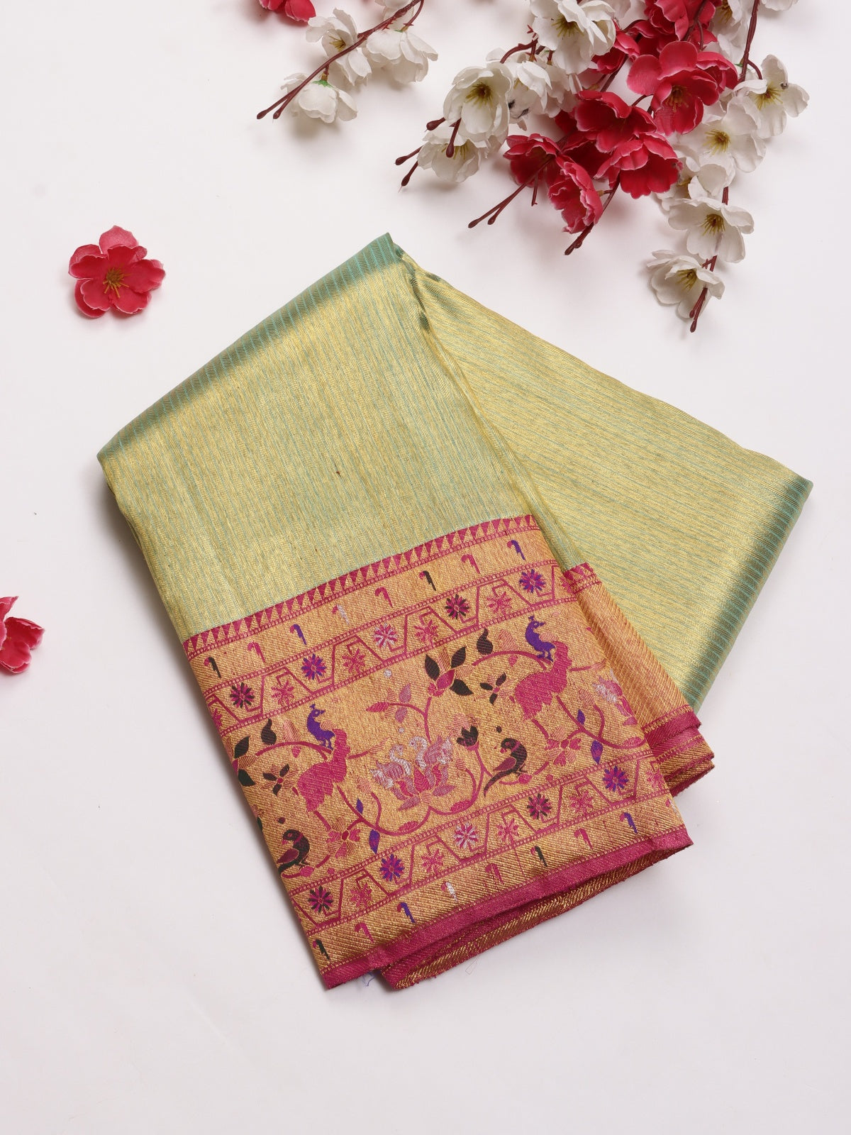 Cream Pure Kanchi Tissue Silk Paithani Border Saree 4G (Swara)