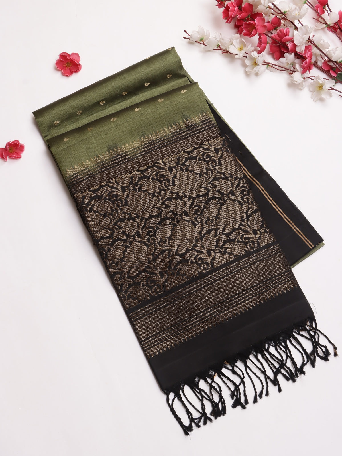 Olive Green Pure Kanchi Soft Silk Saree (Swara)