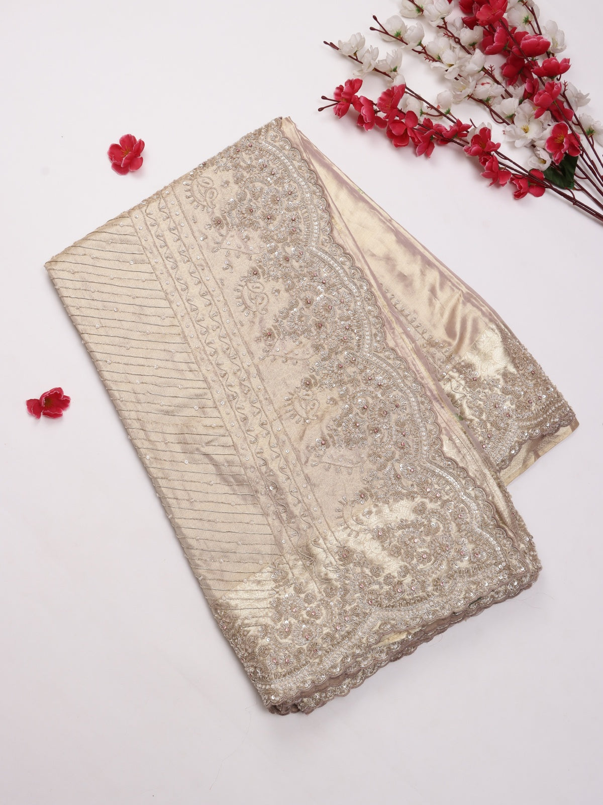 Cream Pure Kanchi Tissue Silk Bridal Wear Saree (Swara)