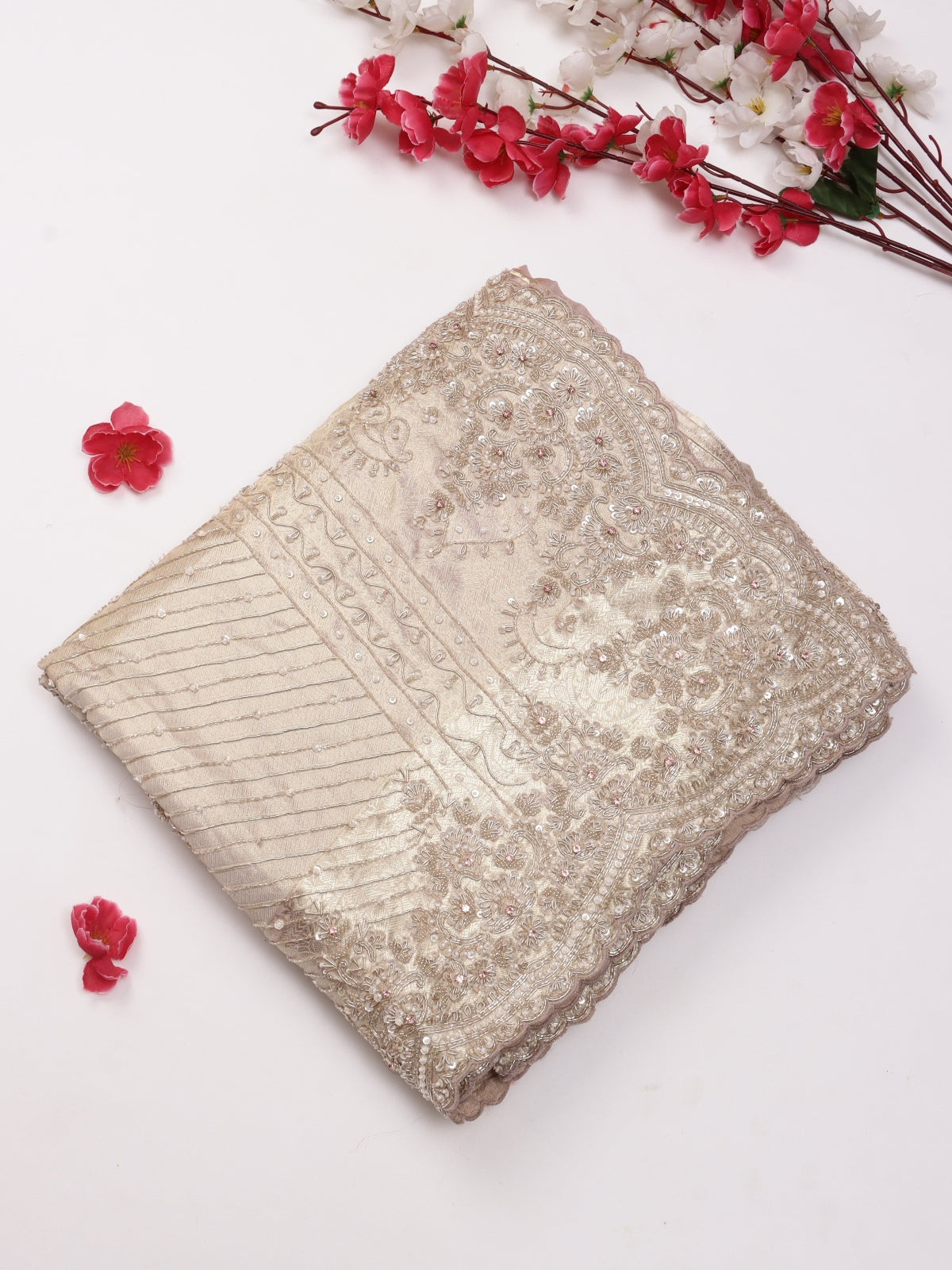 Cream Pure Kanchi Tissue Silk Bridal Wear Saree (Swara)
