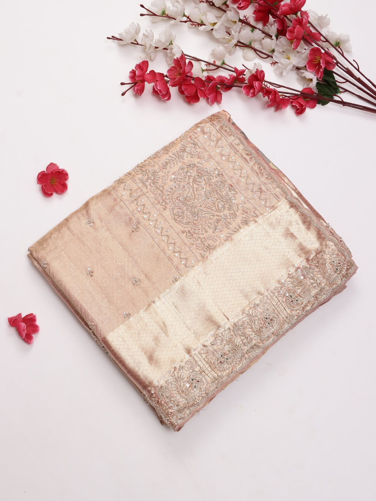 Peach Pure Kanchi Tissue Silk Bridal Wear Saree (Swara)
