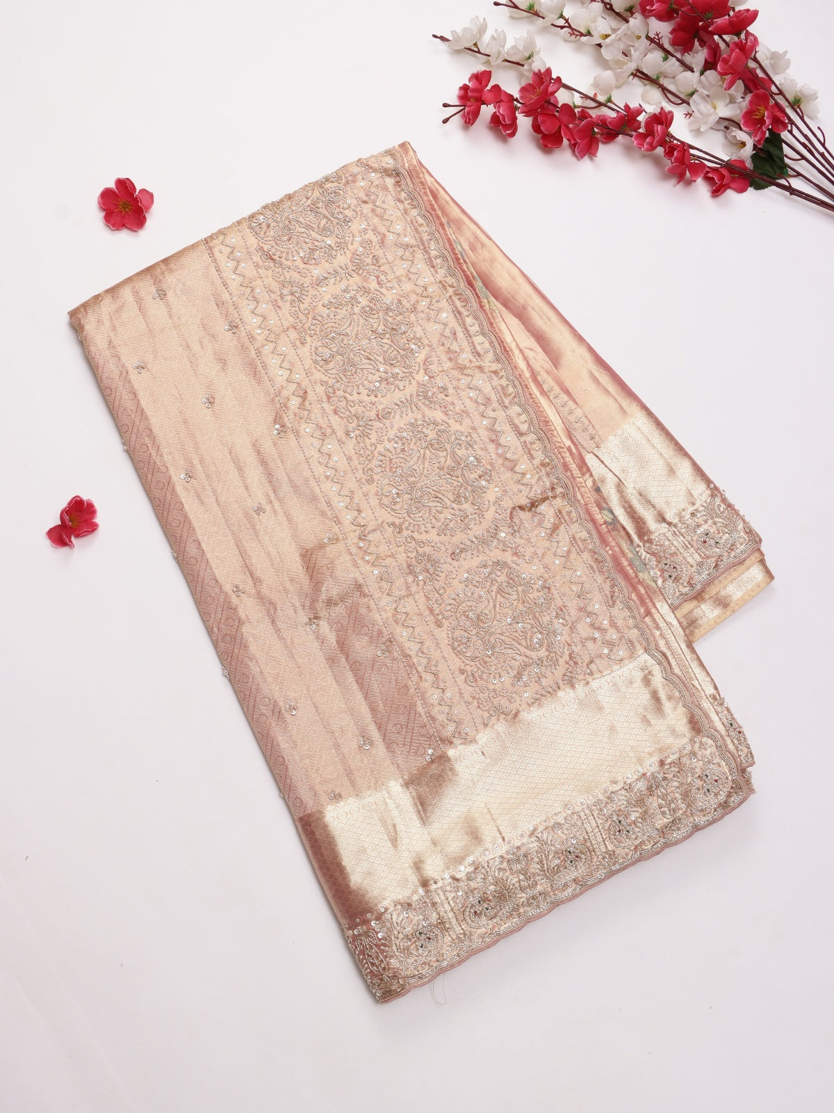Peach Pure Kanchi Tissue Silk Bridal Wear Saree (Swara)