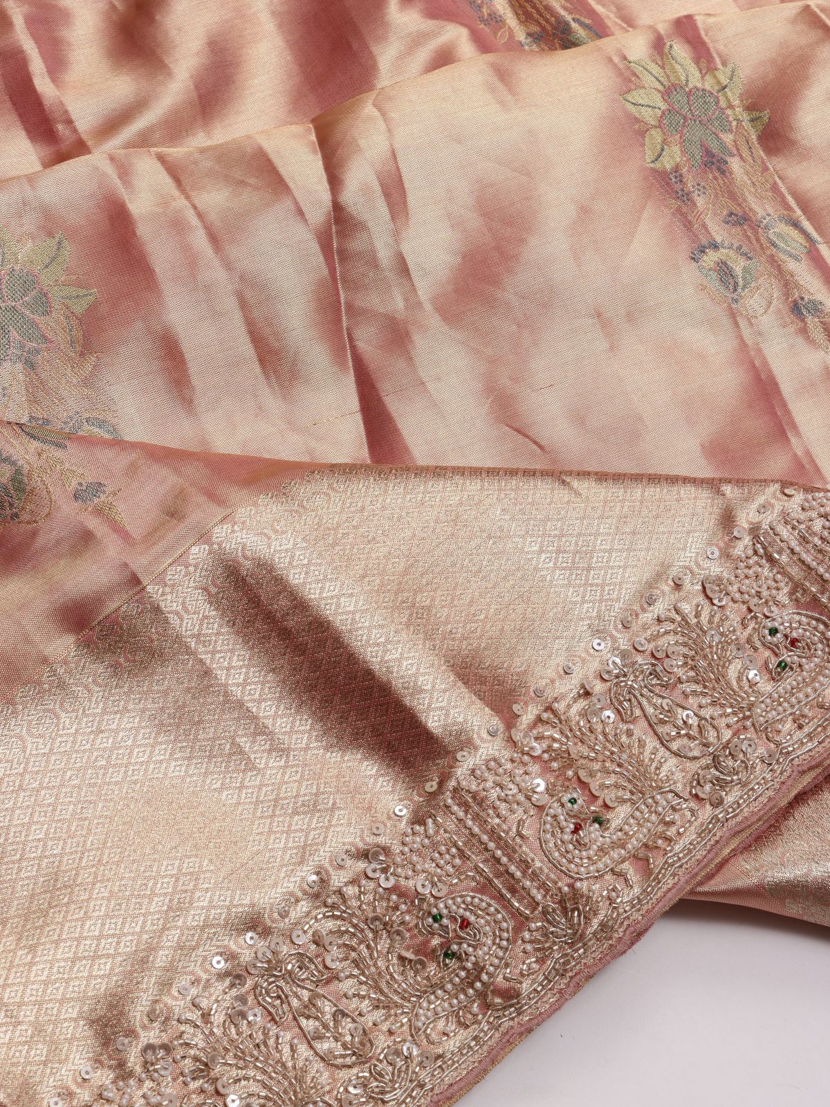 Peach Pure Kanchi Tissue Silk Bridal Wear Saree (Swara)