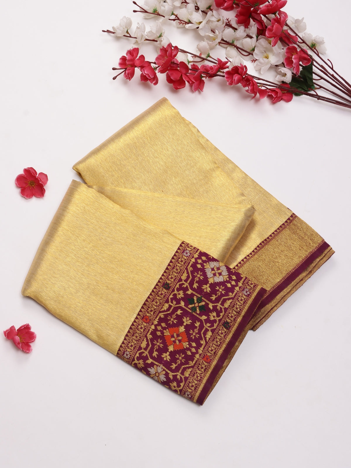Gold Pure Kanchi Tissue Silk Paithani Border Saree (Swara)