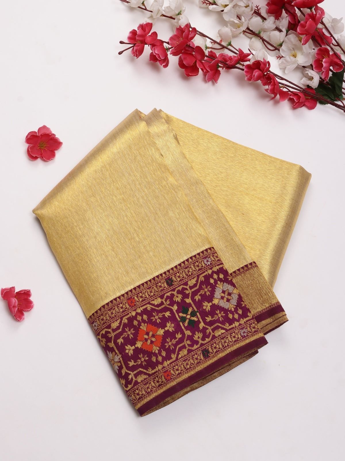 Gold Pure Kanchi Tissue Silk Paithani Border Saree (Swara)