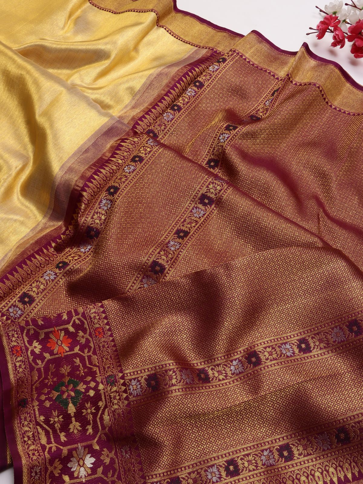 Gold Pure Kanchi Tissue Silk Paithani Border Saree (Swara)