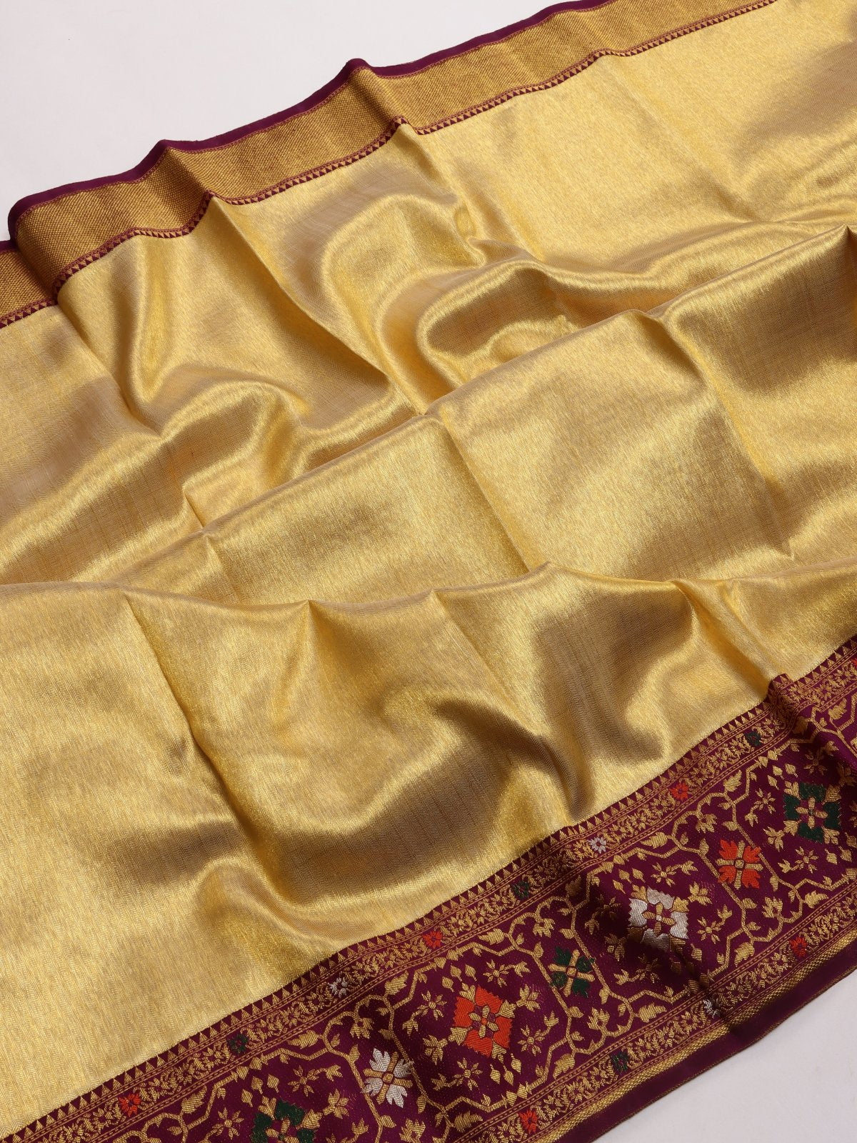 Gold Pure Kanchi Tissue Silk Paithani Border Saree (Swara)