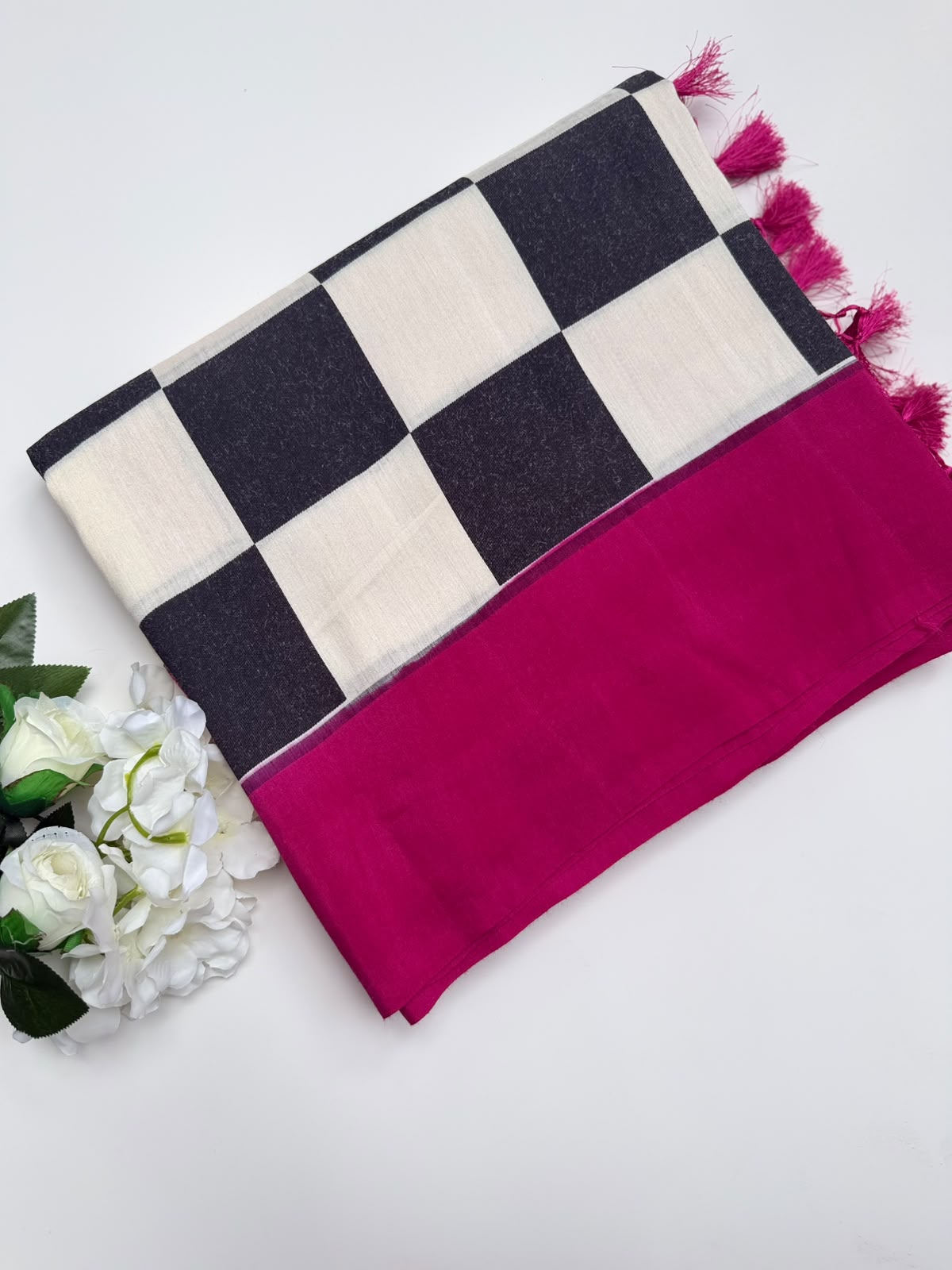 Black n White Checks Pure Moonga Silk Saree (Swara)