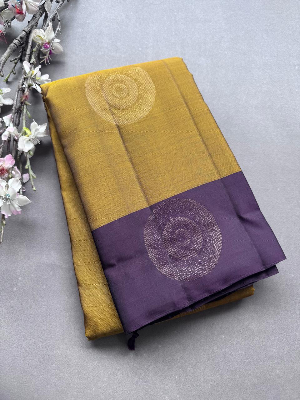 Mustard Pure Kanchi Silk Saree (Weaving Mistake)