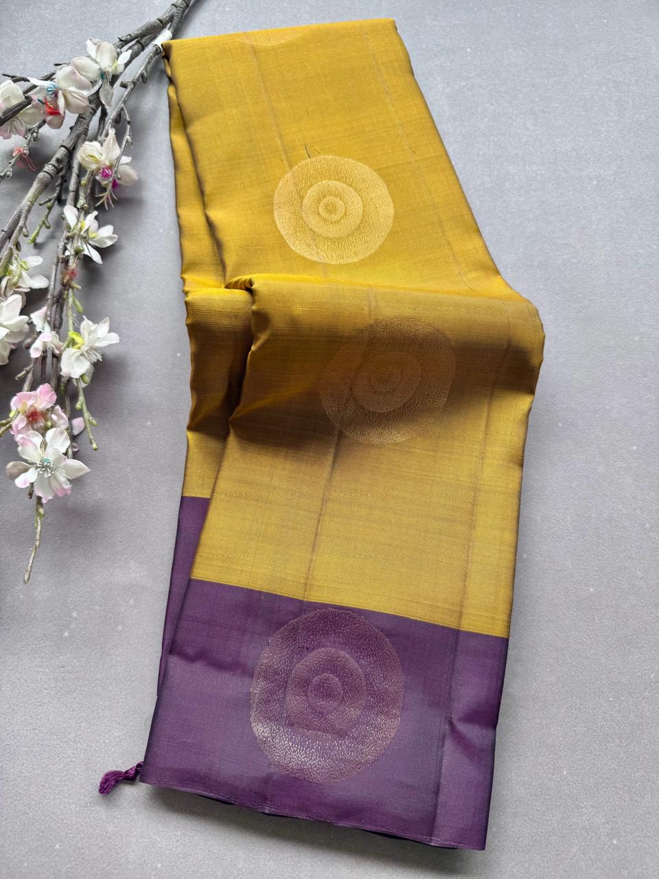 Mustard Pure Kanchi Silk Saree (Weaving Mistake)