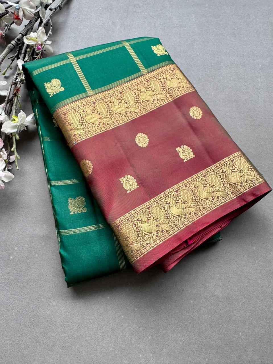 Bottle Green Checks Pure Kanchi Silk Saree (Weaving Mistake)