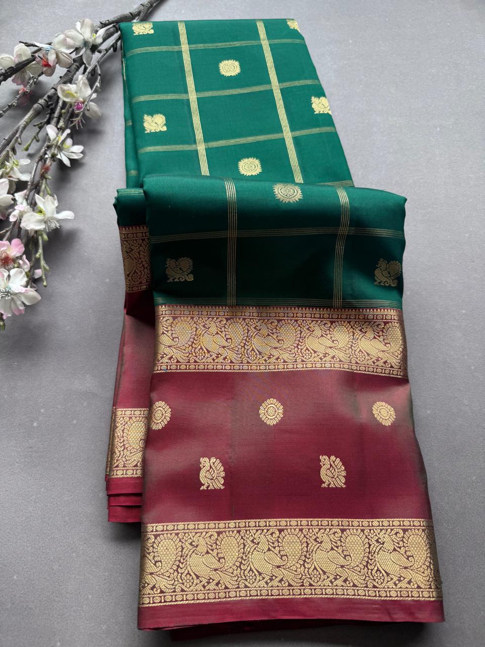 Bottle Green Checks Pure Kanchi Silk Saree (Weaving Mistake)