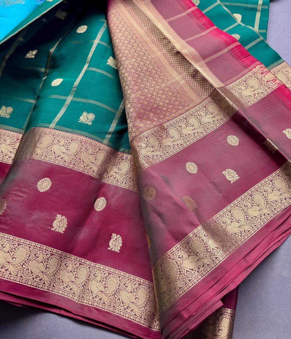 Bottle Green Checks Pure Kanchi Silk Saree (Weaving Mistake)