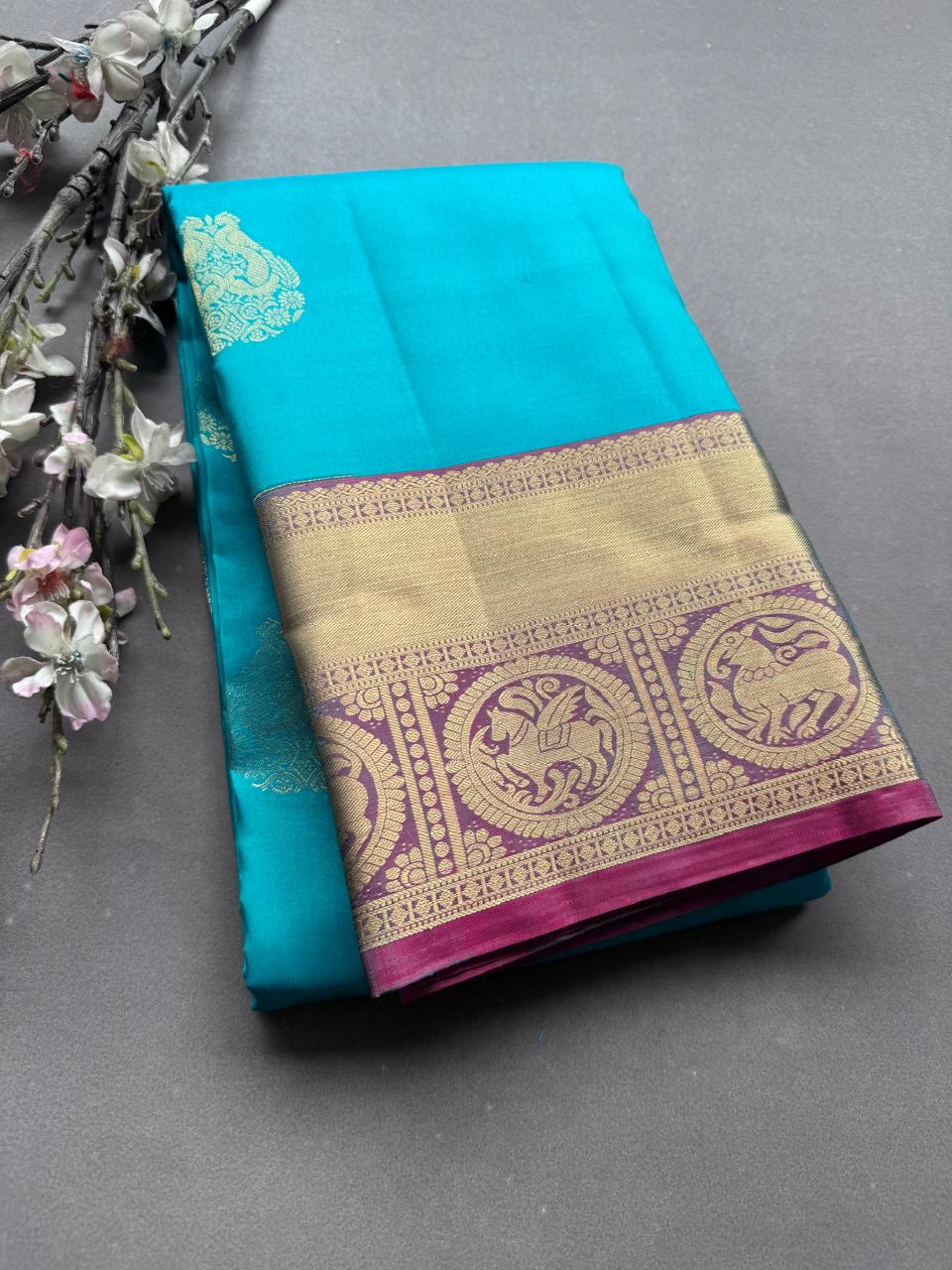 Teal Pure Kanchi Silk Saree (Weaving Mistake)