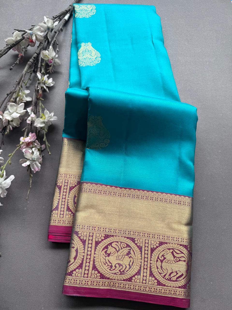 Teal Pure Kanchi Silk Saree (Weaving Mistake)