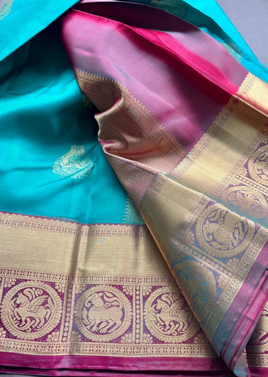 Teal Pure Kanchi Silk Saree (Weaving Mistake)