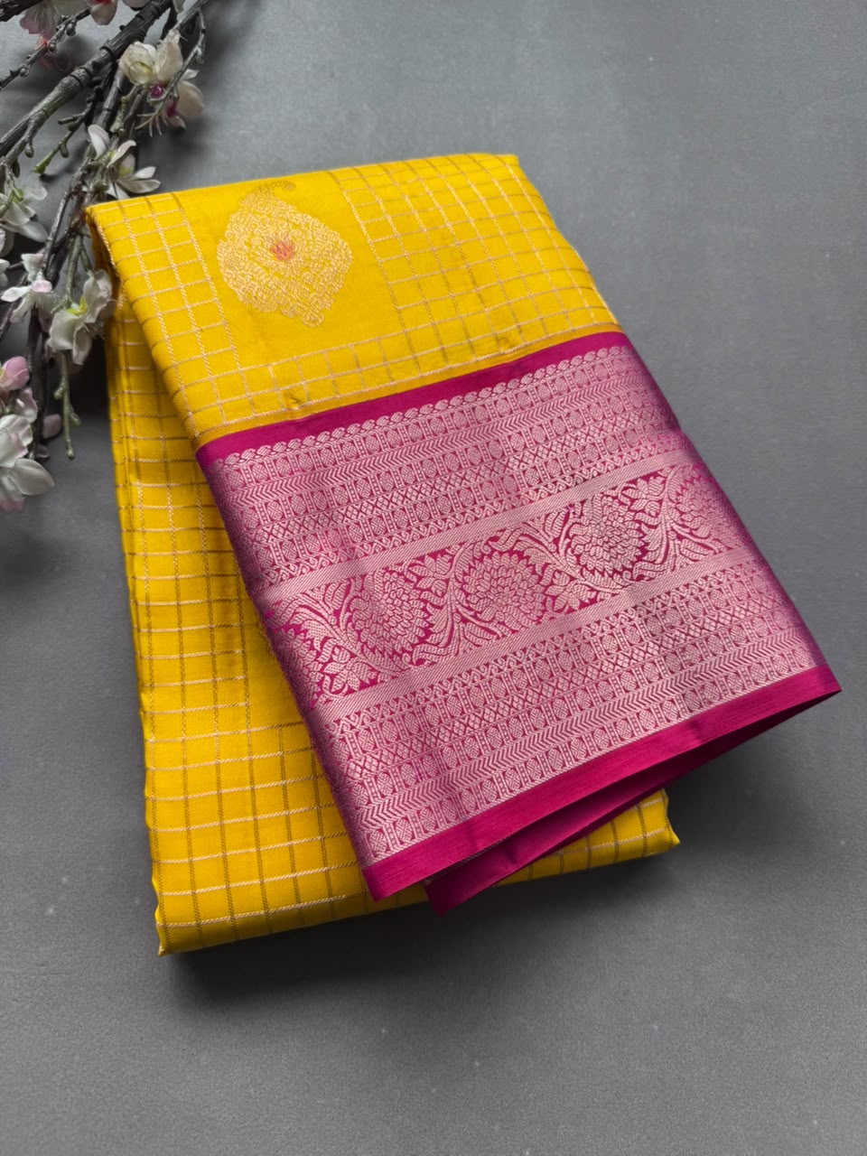 Yellow Checks Pure Kanchi Silk Saree (Weaving Mistake)