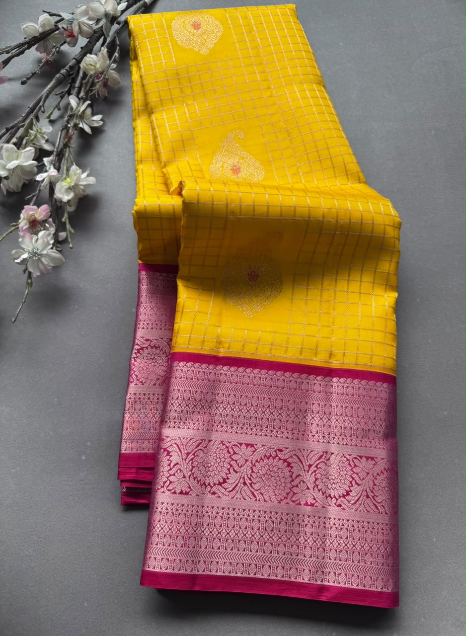 Yellow Checks Pure Kanchi Silk Saree (Weaving Mistake)