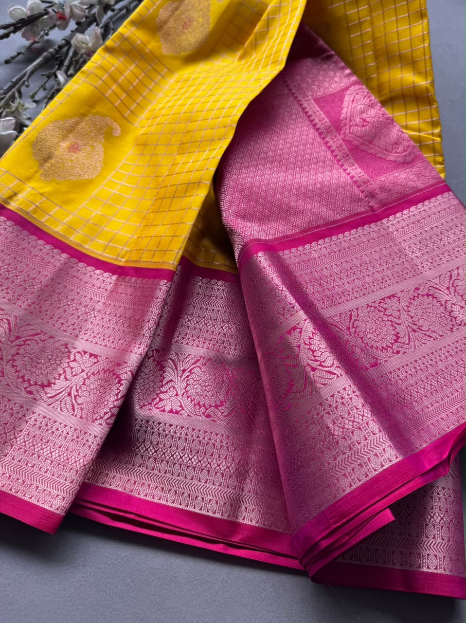 Yellow Checks Pure Kanchi Silk Saree (Weaving Mistake)