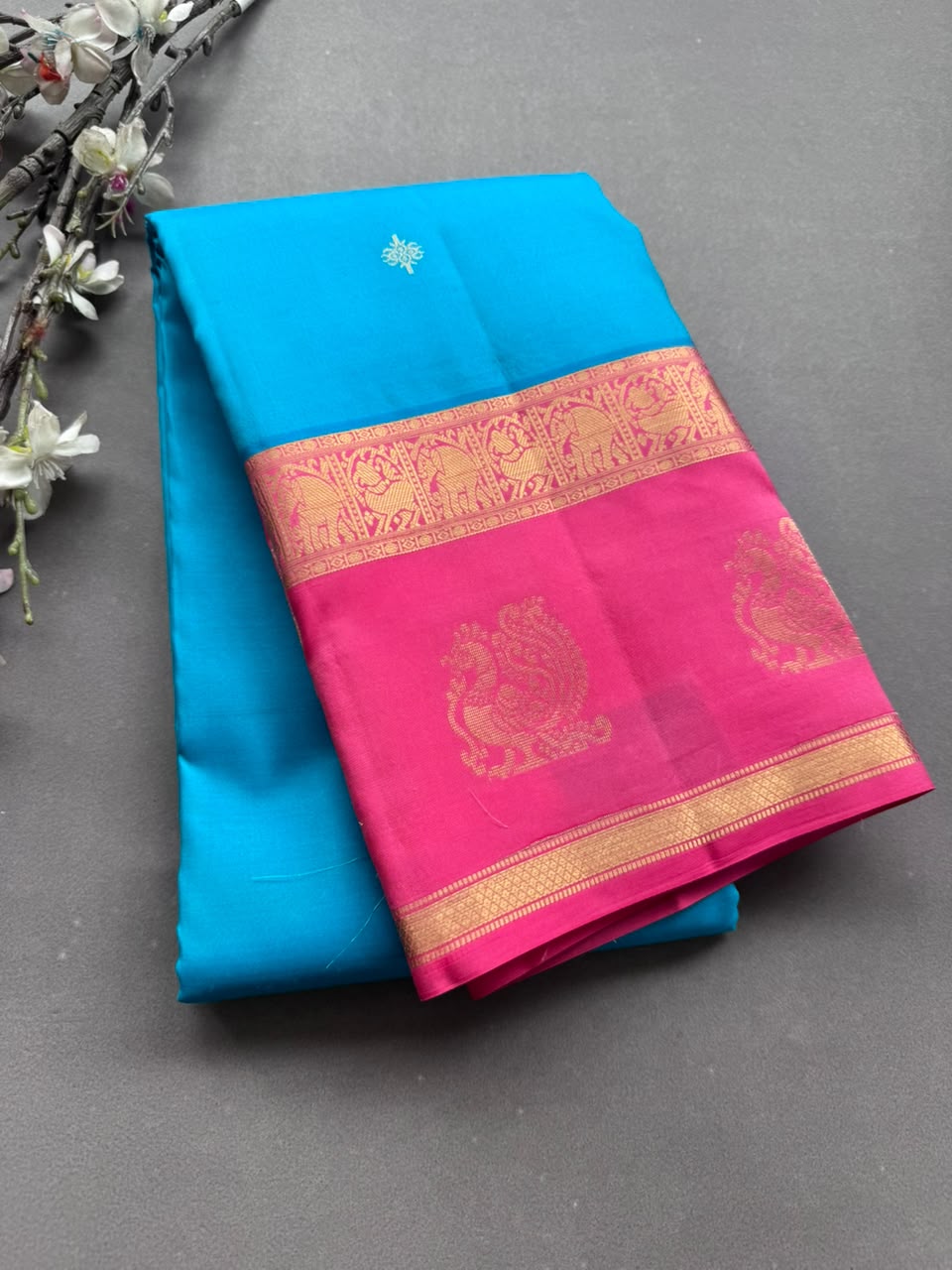 Sky Blue Pure Kanchi Silk Saree (Weaving Mistake)