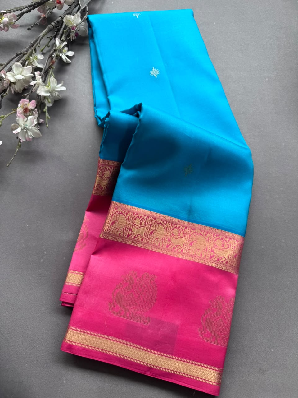 Sky Blue Pure Kanchi Silk Saree (Weaving Mistake)