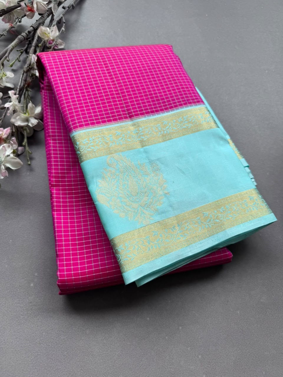 Pink Checks Pure Kanchi Silk Saree (Weaving Mistake)