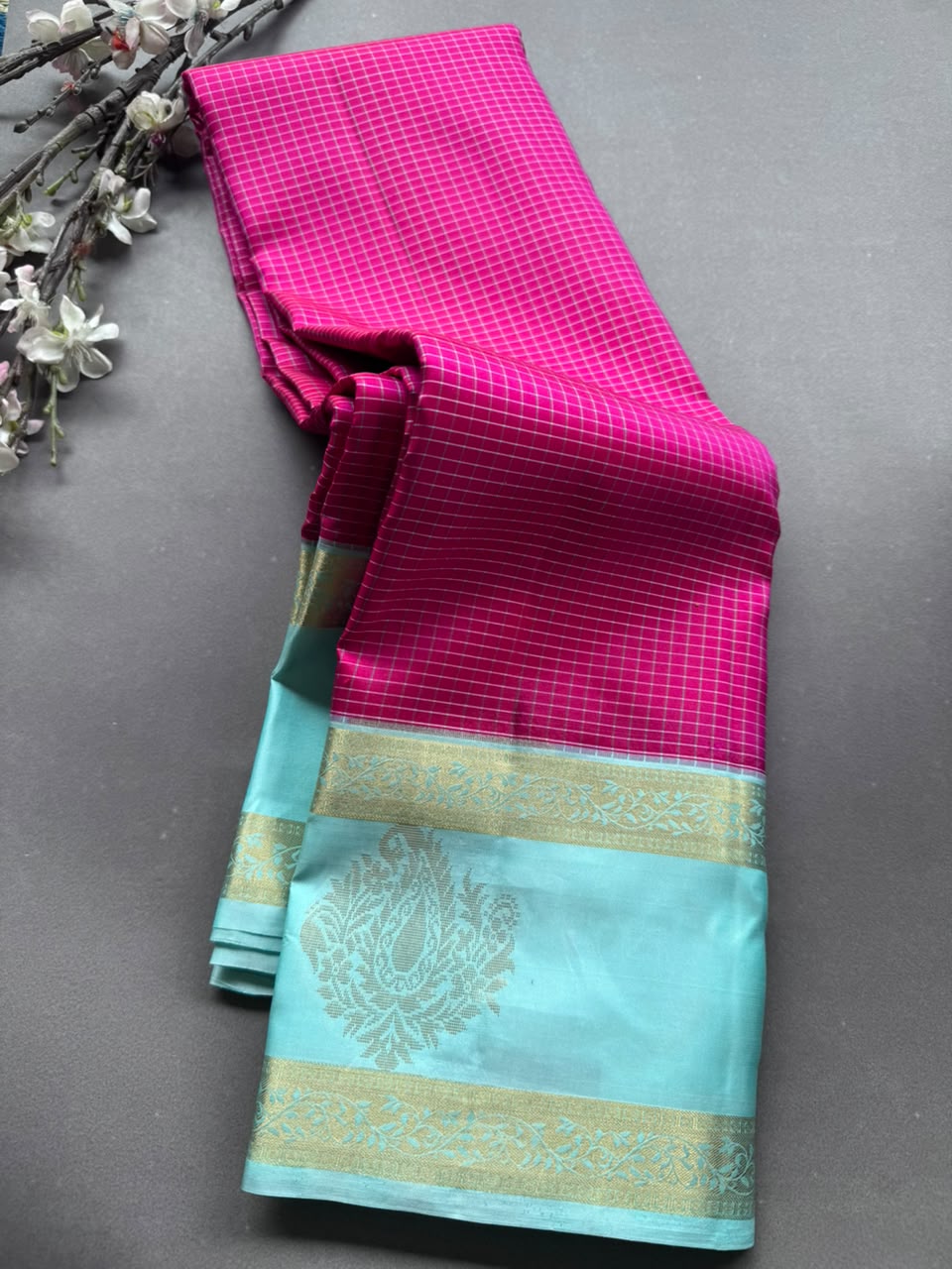 Pink Checks Pure Kanchi Silk Saree (Weaving Mistake)