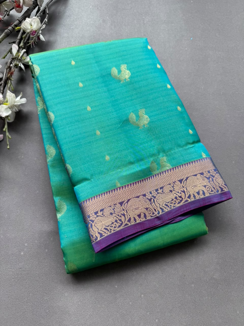 Sea Green Pure Kanchi Silk Saree (Weaving Mistake)