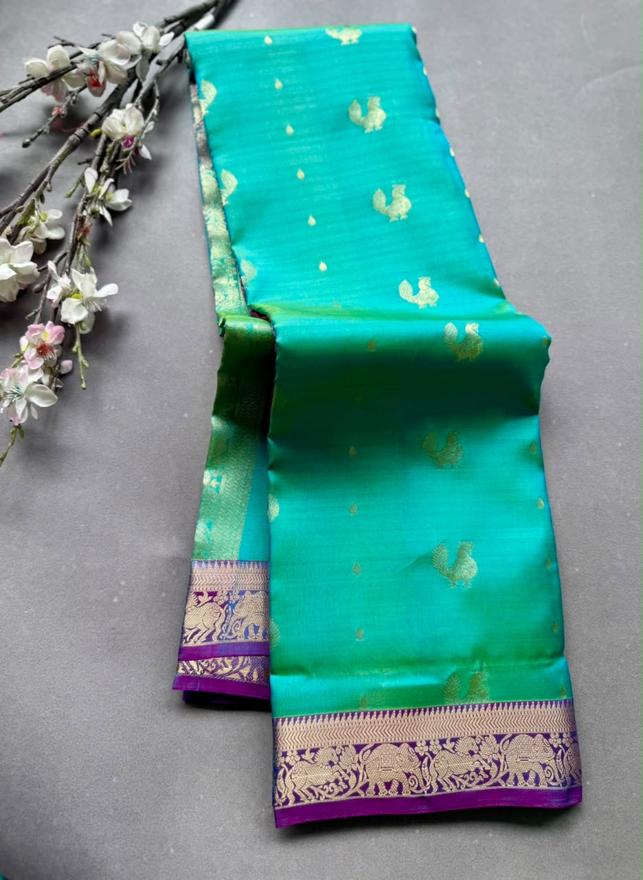 Sea Green Pure Kanchi Silk Saree (Weaving Mistake)
