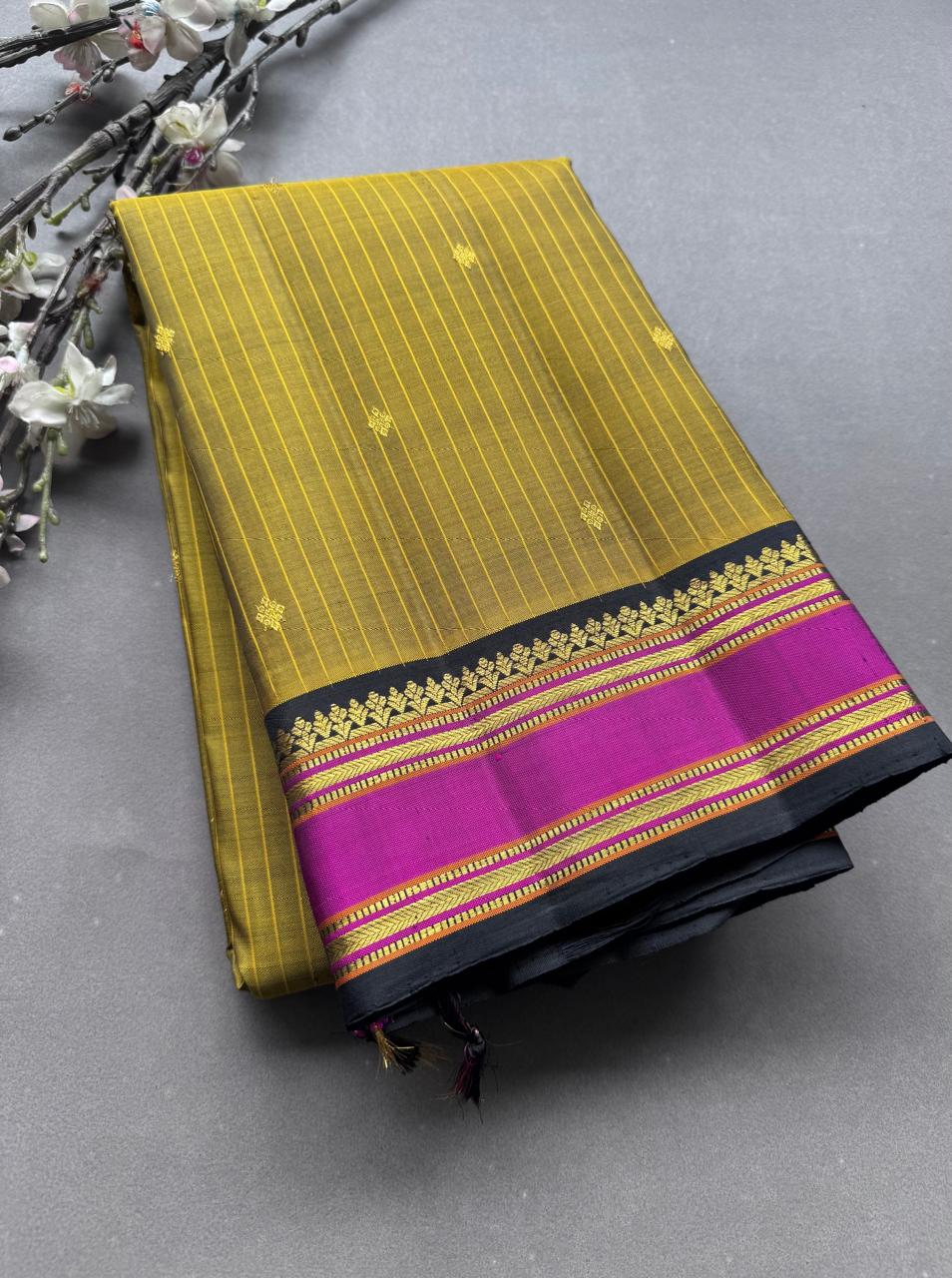 Mustard Stripes Pure Kanchi Silk Saree 108