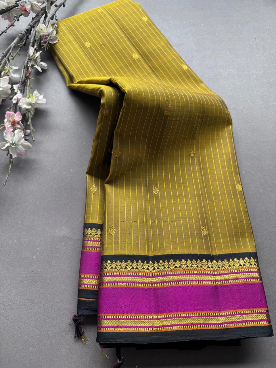 Mustard Stripes Pure Kanchi Silk Saree 108