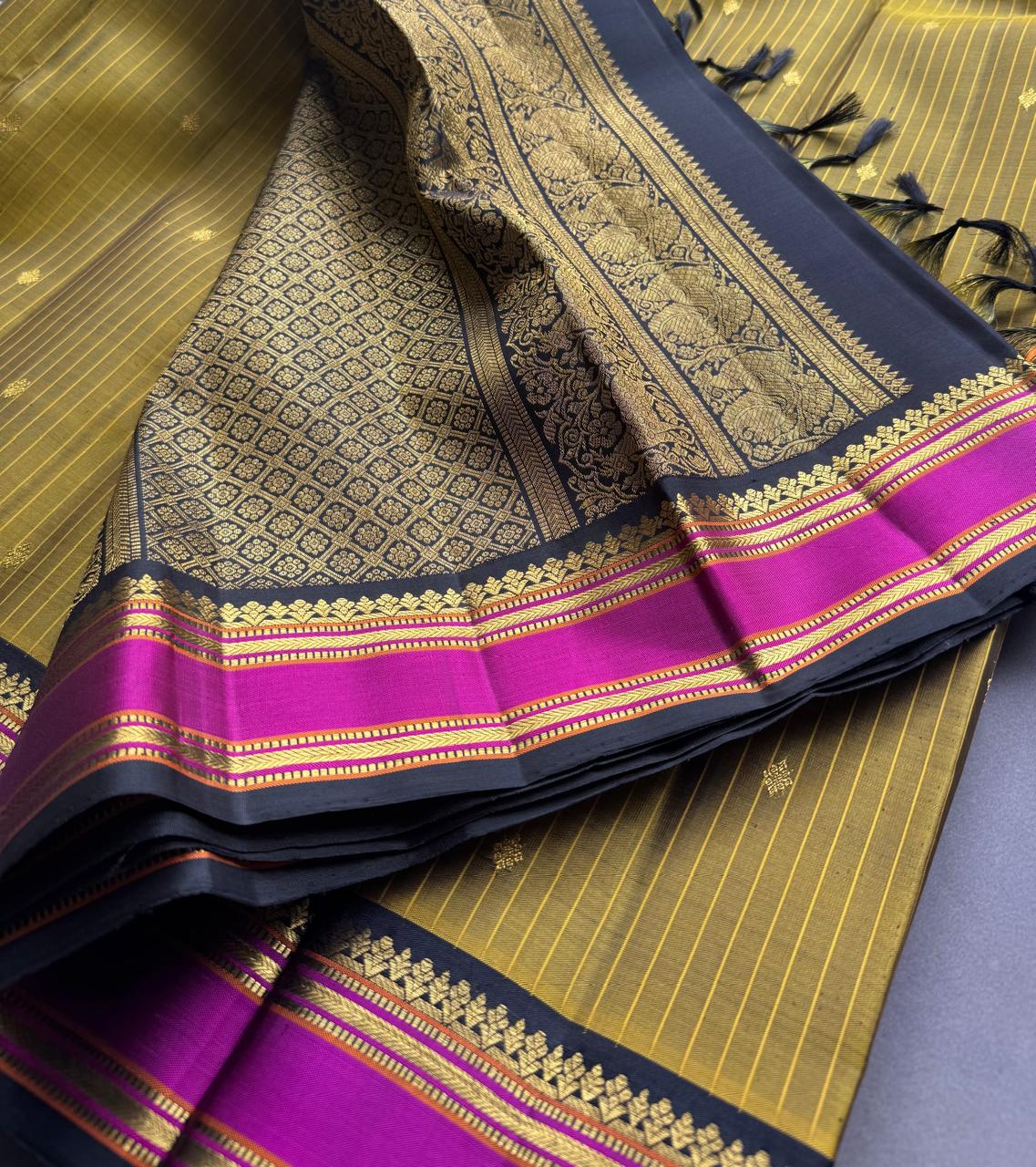 Mustard Stripes Pure Kanchi Silk Saree 108