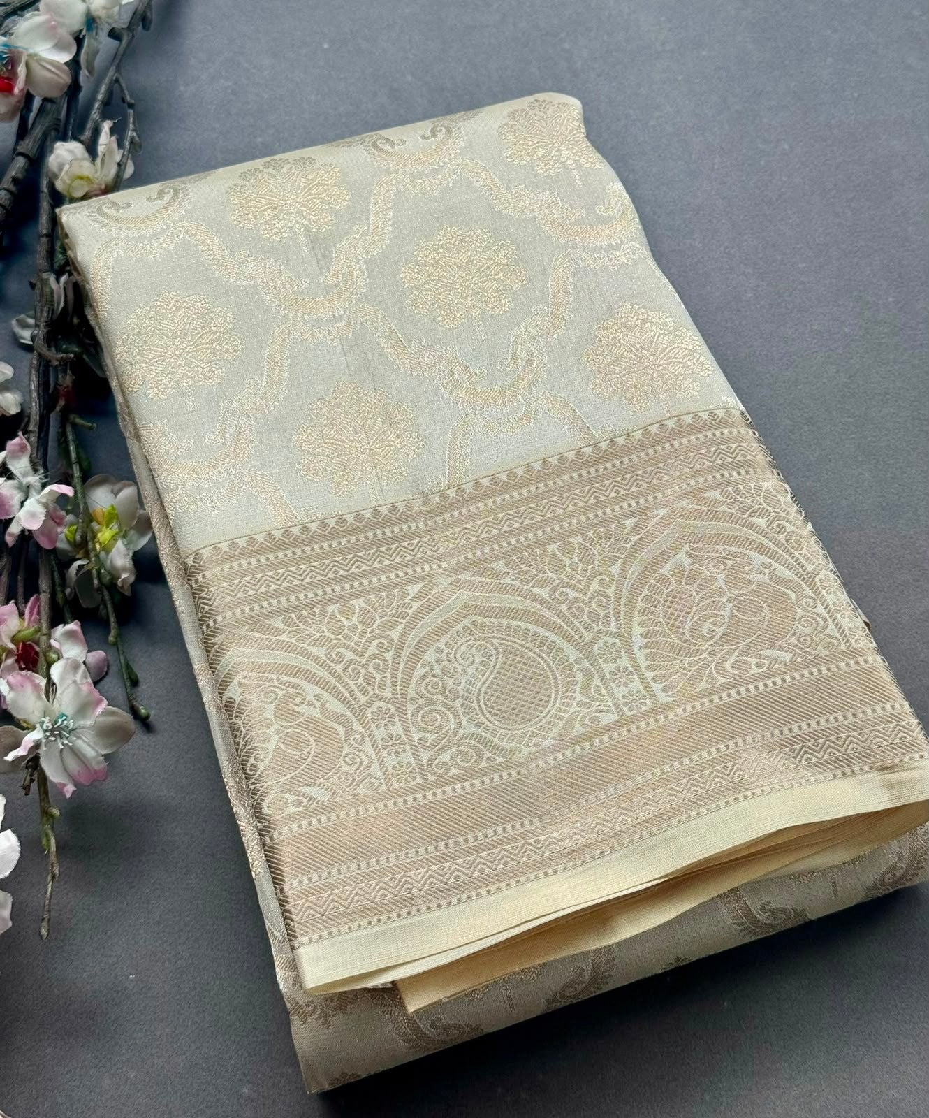 Cream Pure Kanchi Tissue Silk Saree 108