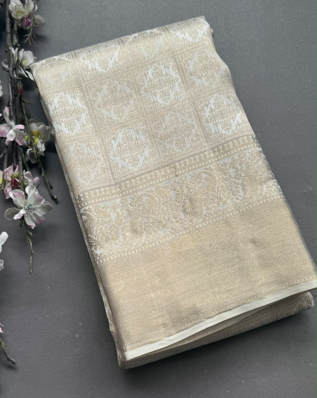 Cream Pure Kanchi Tissue Silk Saree 108
