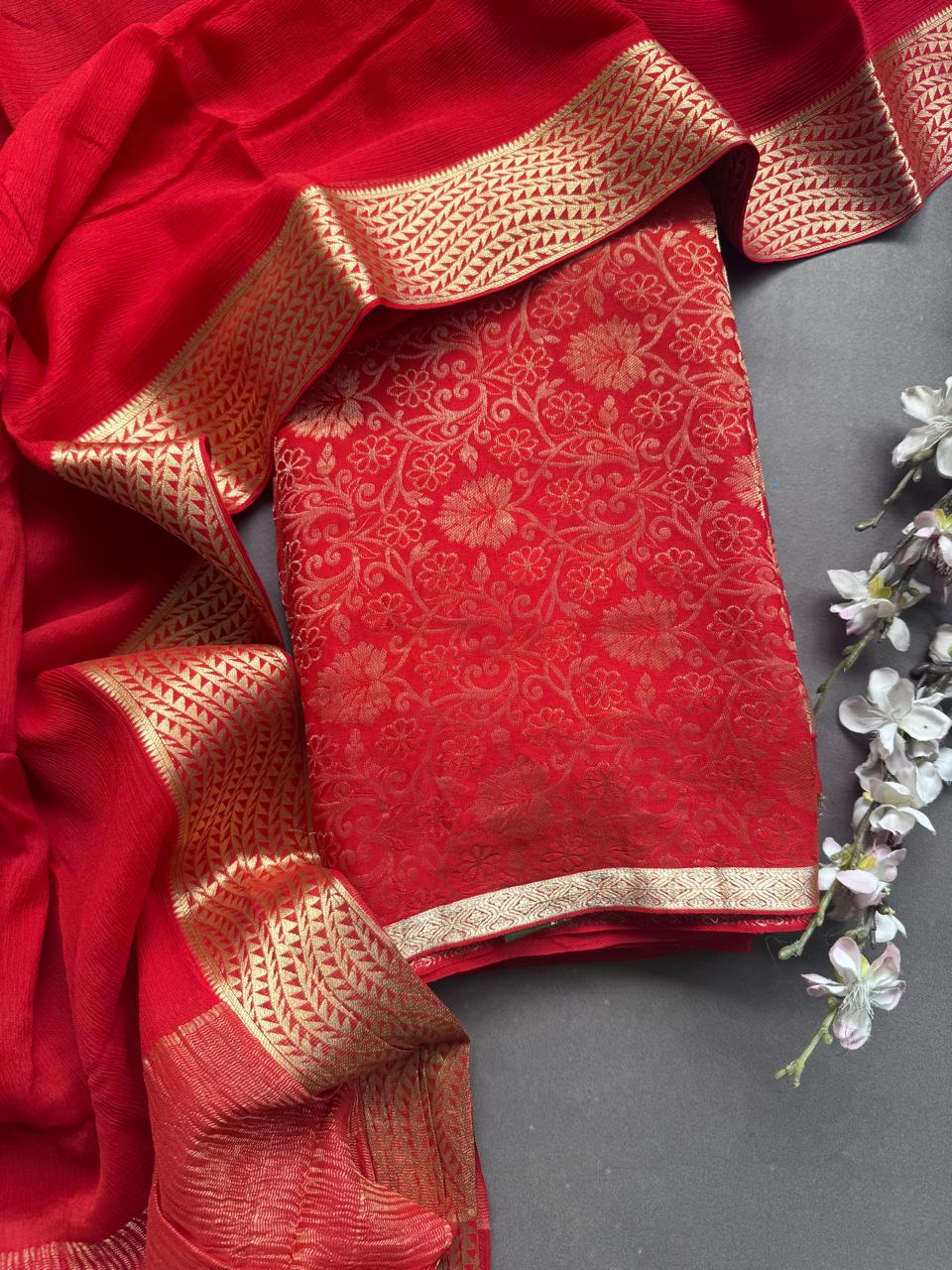 Red Pure Brocade Mysore Silk Dress Material (Swara)