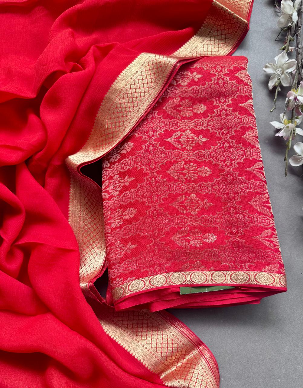 Red Pure Brocade Mysore Silk Dress Material (Swara)