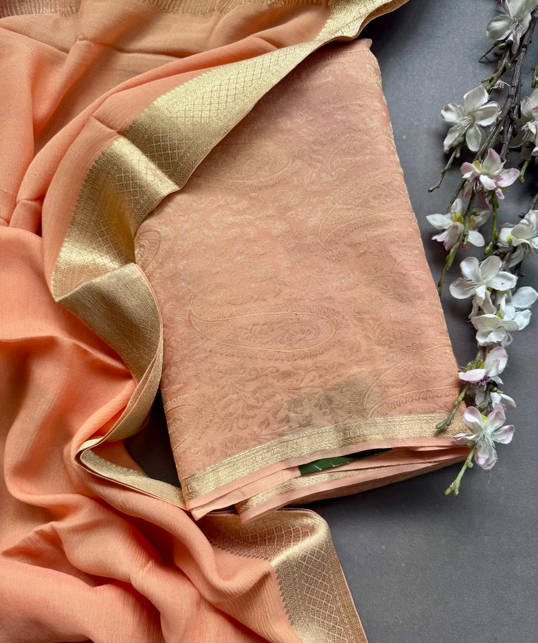 Peach Pure Brocade Mysore Silk Dress Material (Swara)