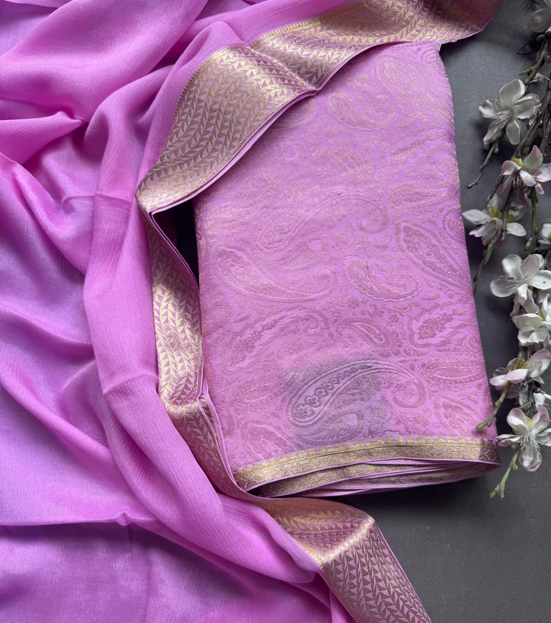Pink Pure Brocade Mysore Silk Dress Material (Swara)
