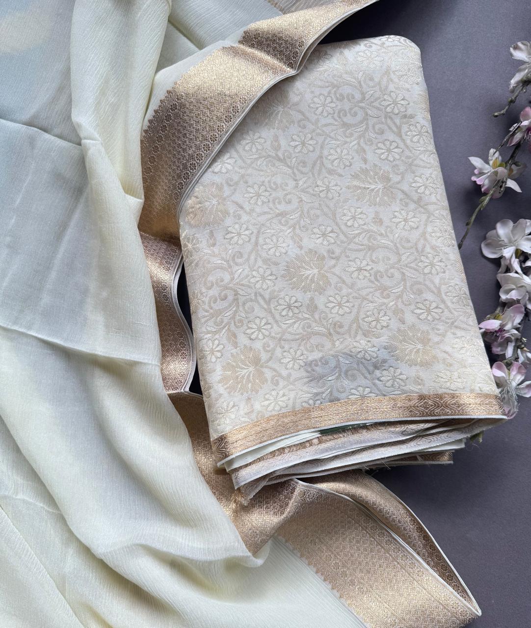Cream Pure Brocade Mysore Silk Dress Material (Swara)