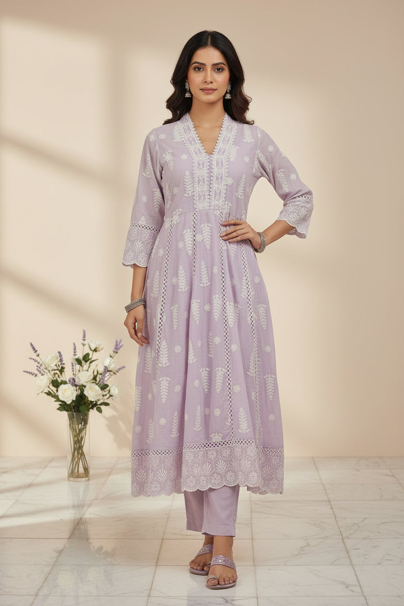 Lilac Cotton designer Hakoba chicken curry work Anarkali Kurtha 459