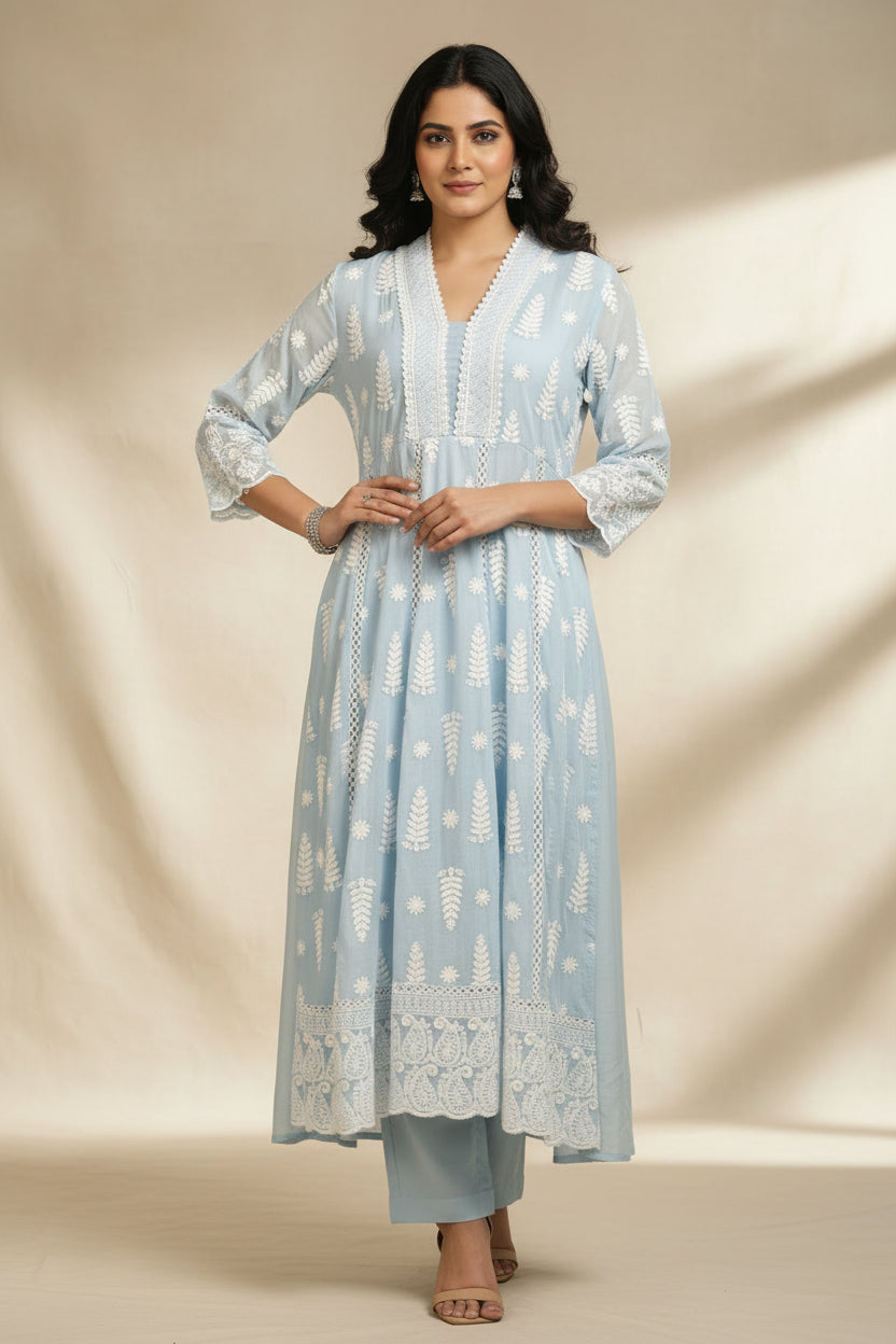 Blue Cotton designer Hakoba chicken curry work Anarkali Kurtha 459