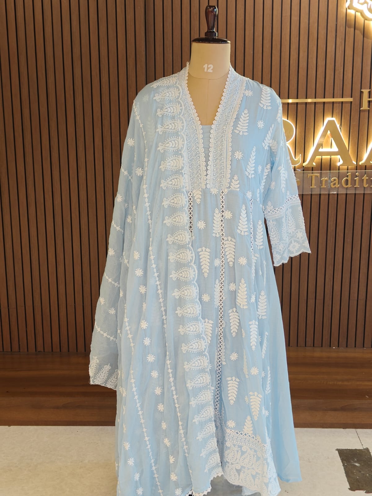 Blue Cotton designer Hakoba chicken curry work Anarkali Kurtha 459