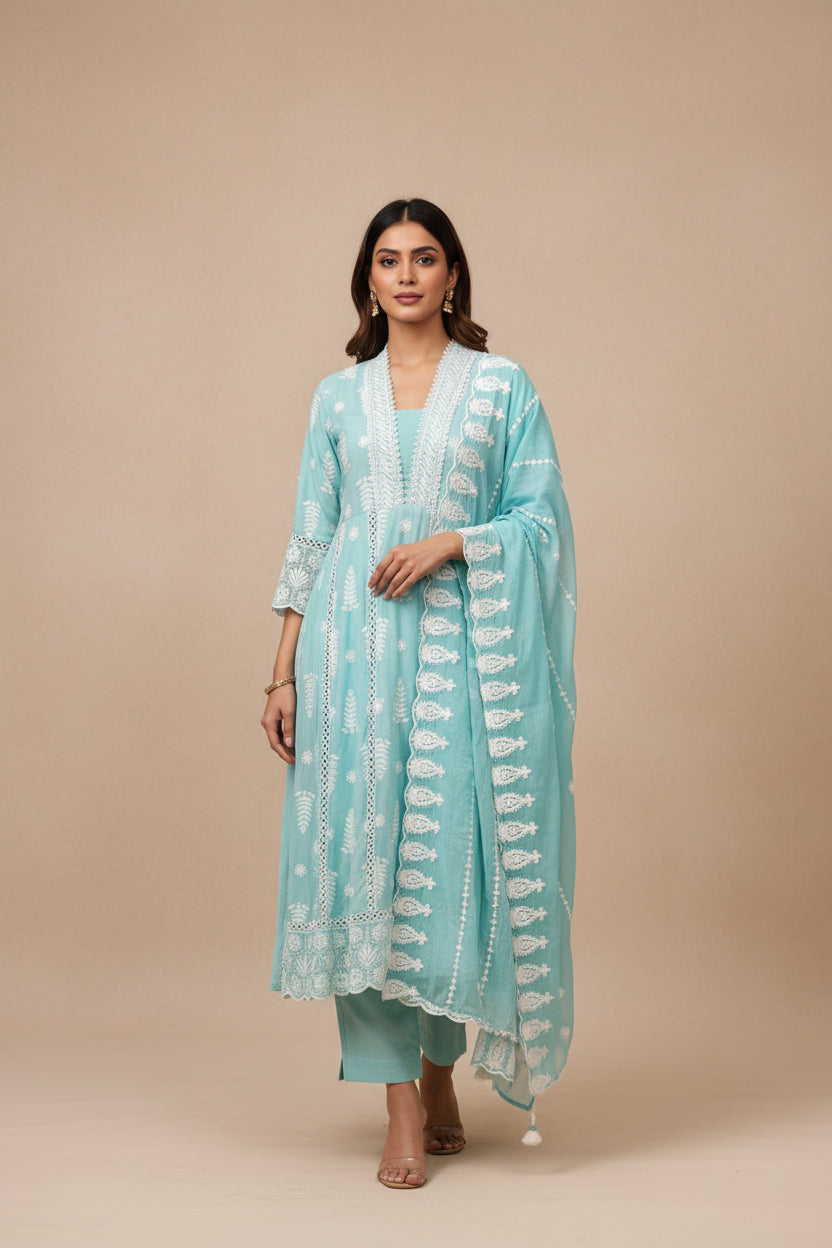 Sky Blue Cotton designer Hakoba chicken curry work Anarkali Kurtha 459
