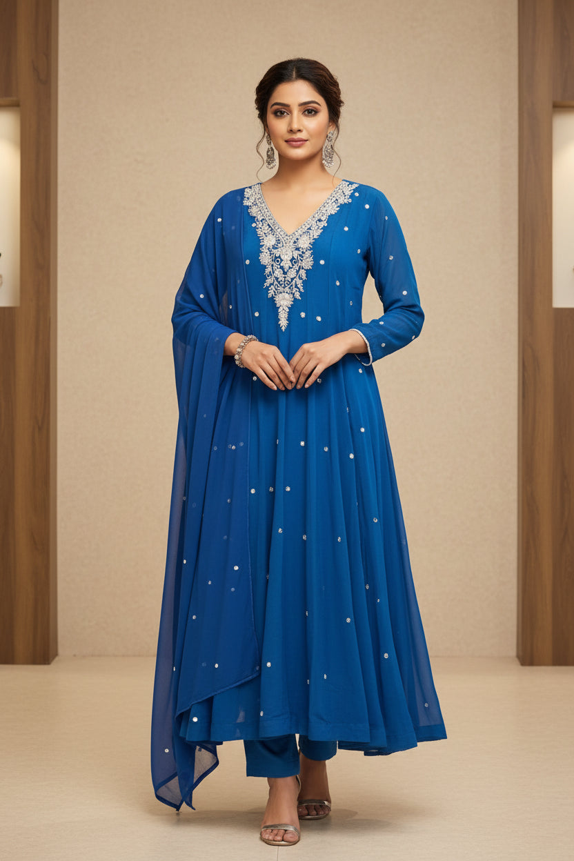 Royal Blue Anarkali Chinnon Handwork Partyware Kurtha 567