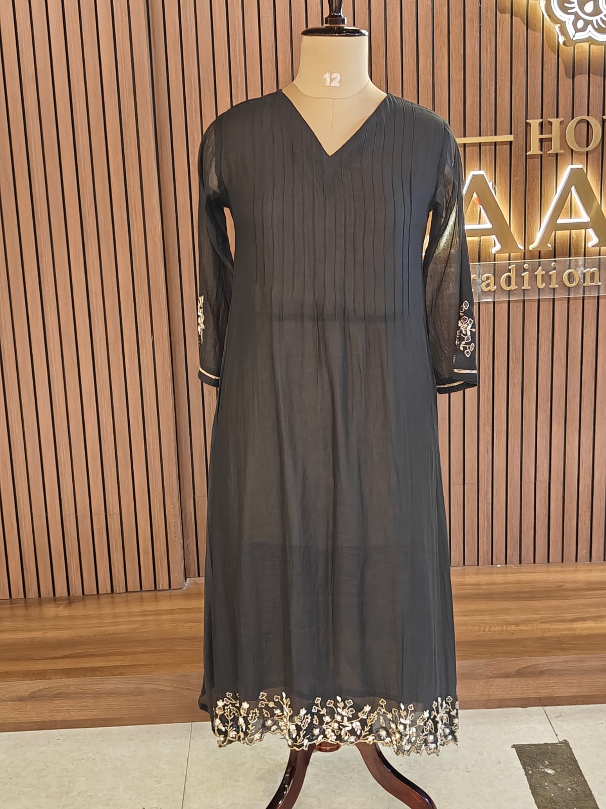 Black Mul Chanderi Hand Embroidery Anarkali 722