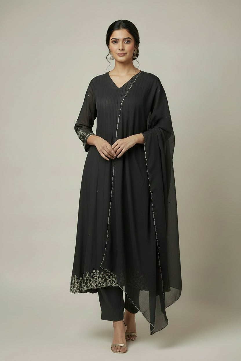 Black Mul Chanderi Hand Embroidery Anarkali 722