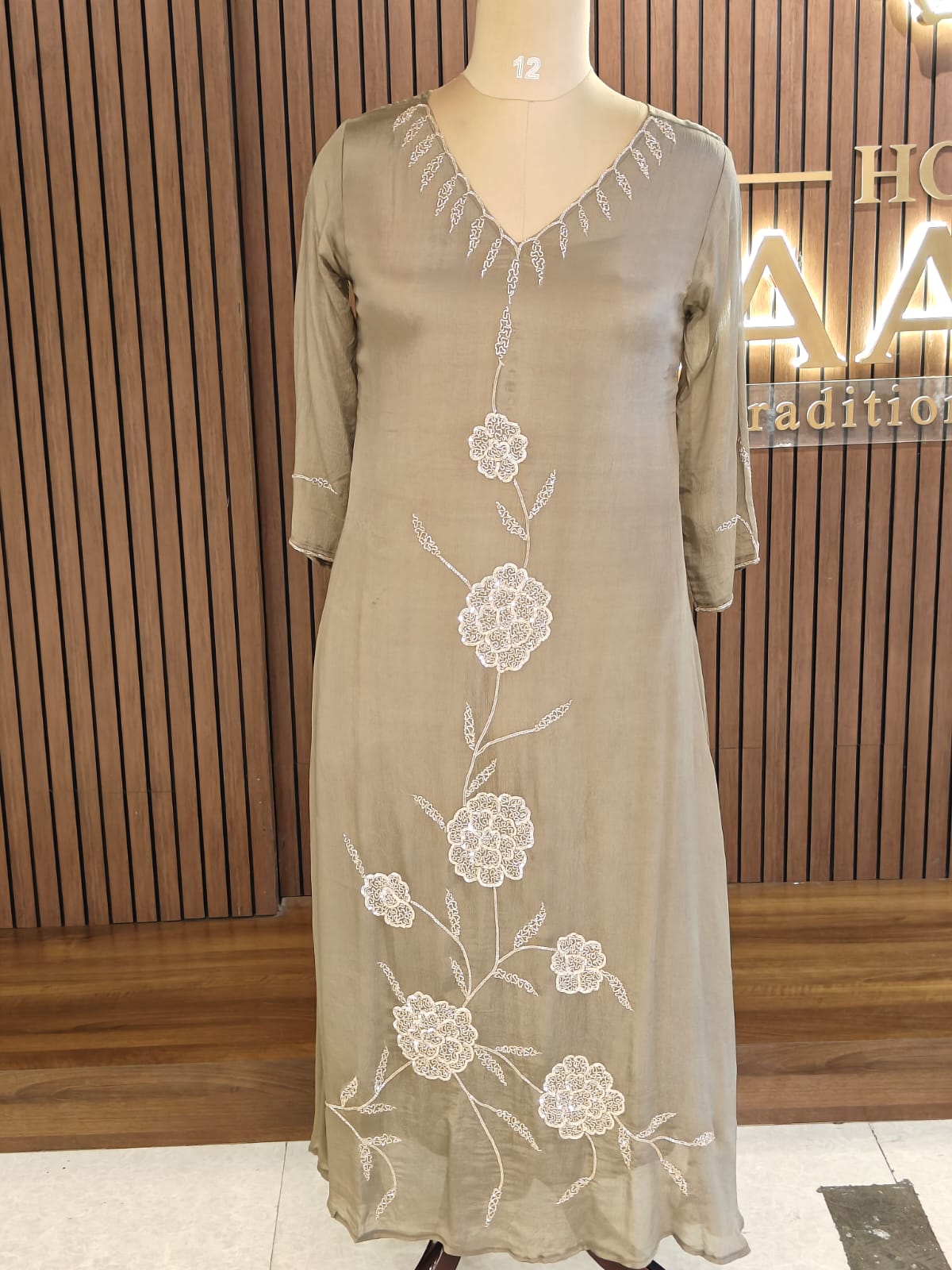 Greyish Anarkali Chinnon handwork party ware Kurtha 567