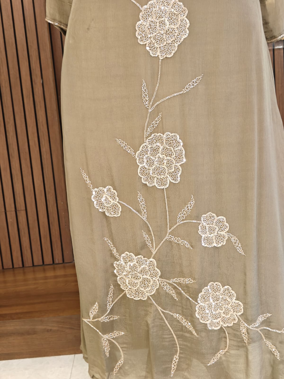 Greyish Anarkali Chinnon handwork party ware Kurtha 567