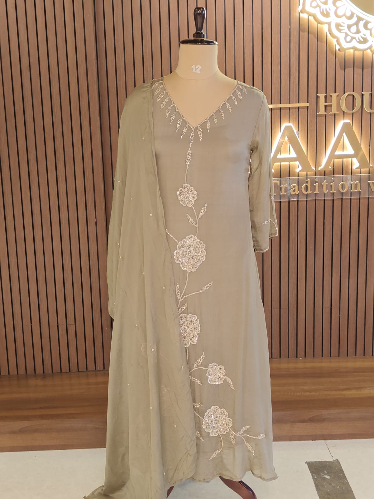 Greyish Anarkali Chinnon handwork party ware Kurtha 567